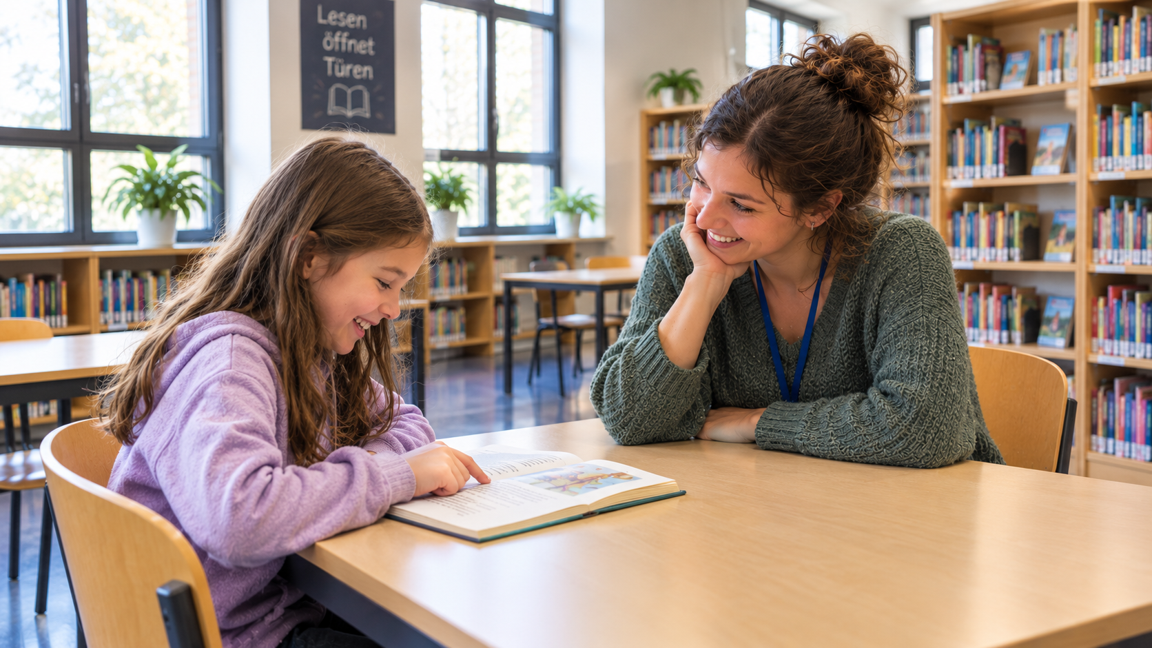 In der hellen und gemütlichen Schulbibliothek sitzen eine Lesementorin und ein Kind gemeinsam an einem großen Tisch. Sie sitzen über Eck und sind ganz auf das gemeinsame Lesen konzentriert. Das Mädchen liest aufmerksam in einem Kinderbuch und zeigt mit dem Finger auf eine Textstelle. Dabei ist deutlich ihre Freude am Lesen zu erkennen. Die Lesementorin schaut das Kind aufmerksam und lächelnd an und begleitet es geduldig beim Lesen.